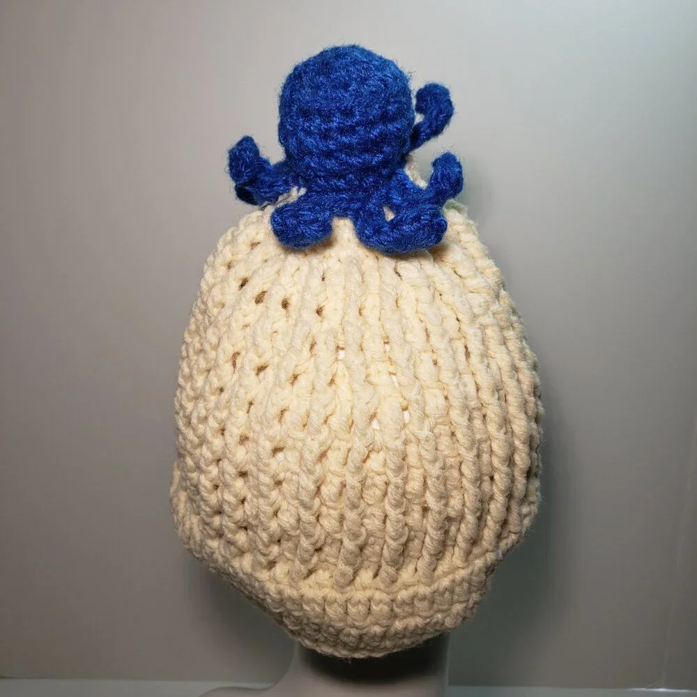 New Handmade Amigurumi Crochet White with Blue Cartoon Octopus Hat Beanie Cute - Picture 3 of 6